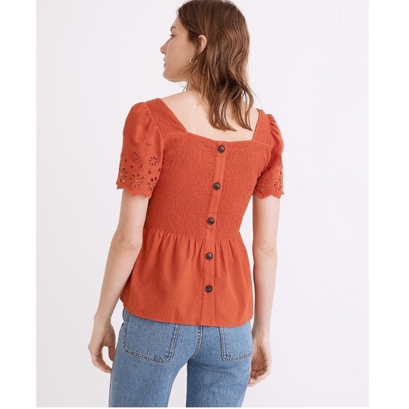 NWT Madewell Lucie Eyelet Smocked Top Red Orange Size S - Picture 10 of 12